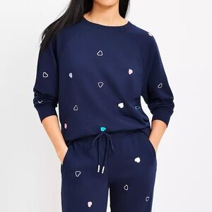 NWT Lou & Grey Cozy Cotton Terry Navy and Pink Crew Neck Sweater Hearts Sz M